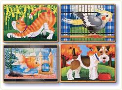 Set 4 puzzle lemn in cutie - animale de companie